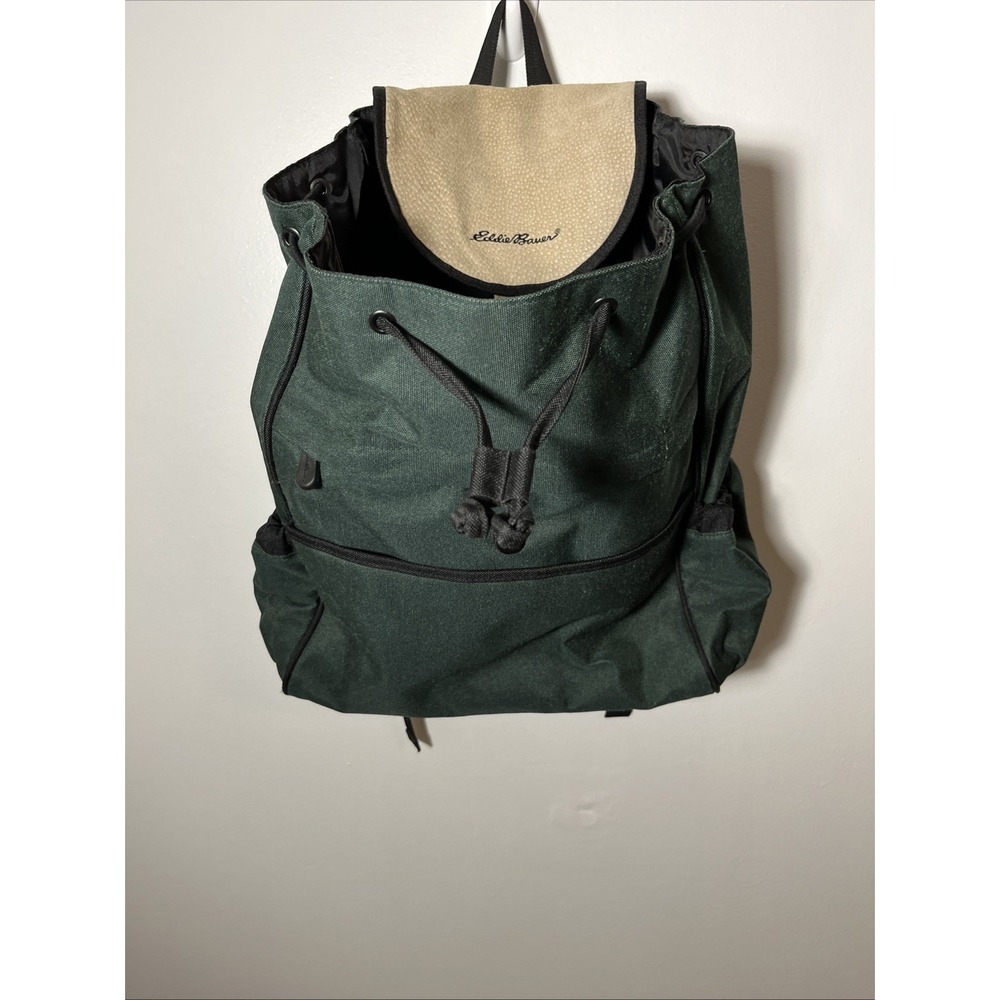 Eddie Bauer Green Backpack Diaper‎ Bag Pig Skin Flap Canvas 15" - Picture 2 of 7